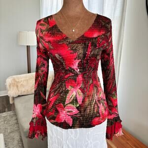Vintage 90s Alberto Makali Tropical Red Floral Blouse Bell Sleeves Pleated Sz M